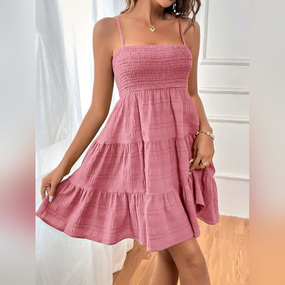 Just Jen Dresses & Skirts - Chic Pink Smocked Mini Dress